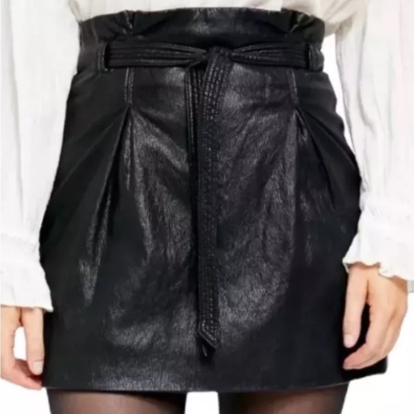 Free People Black Payton Paperbag Faux Leather Mini Dress Skirt Size 10 *K4 - Picture 1 of 5